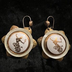 Vintage white enamel and gold tone hook back Siam goddess dancer earrings